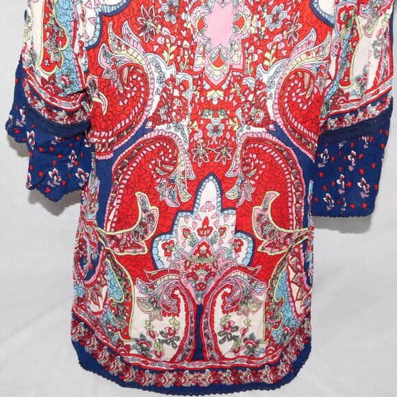 Bila Womens XL Rayon Cold Shoulder multicolour Short Sleeve Peasant Top Blouse - Picture 12 of 12